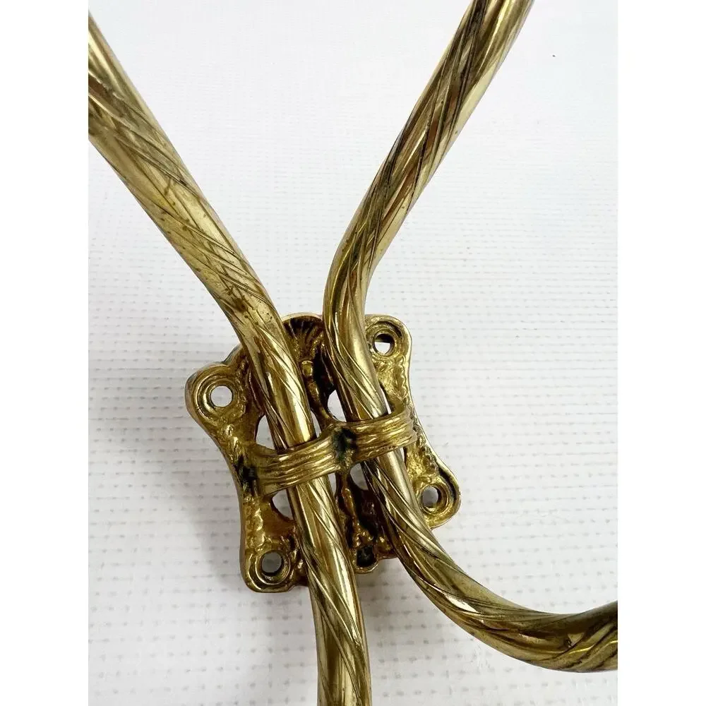 Vintage Wall Mounted 4-Hook Coat Rack Brass With White Knobs Patina Age